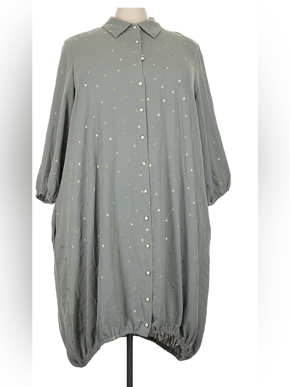 Ashley Stewart Size 22-24 Collared Button-Front Dress with Gold Foil Dots - Sage